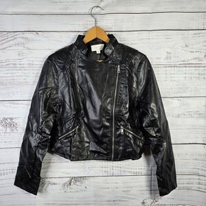 Sugarfox Black Faux Leather Moto Jacket Size S, M, L Cropped Asymmetrical Zip
